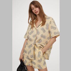 H&M Linen Cotton Pineapple Print Resort Shirt Yellow Tropicalcore XS Oversized